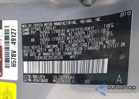 2013 Toyota Sienna Xle V6 8 Passenger z USA, uszkodzony, nr VIN 5TDYK3DC2DS395336